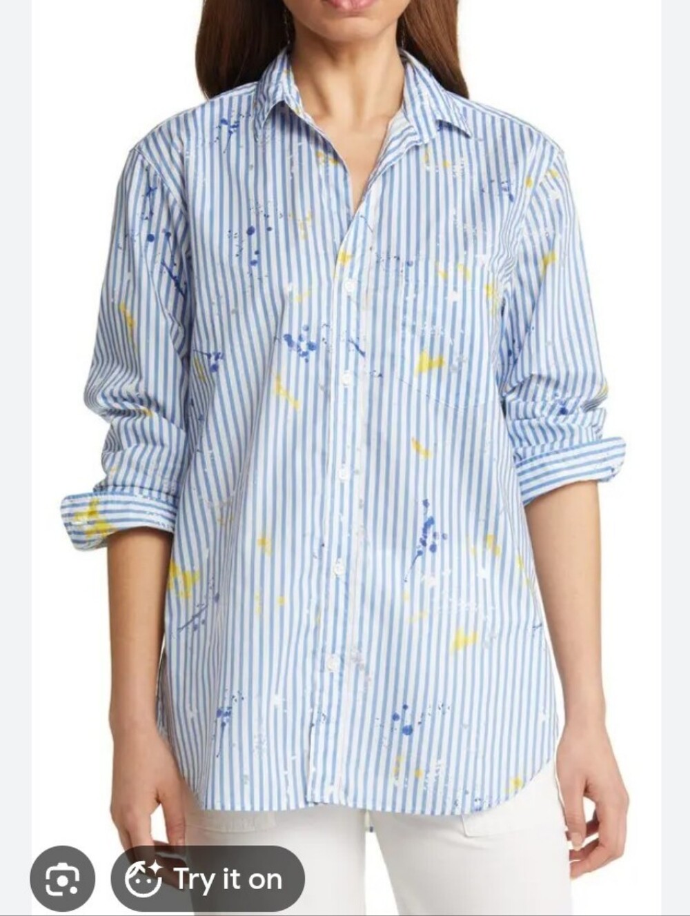 FRANK & EILEEN ONE SZ JOEDY PAINT SPLATTER BLUE STRIPE RELAXED  COLLARED SHIRT